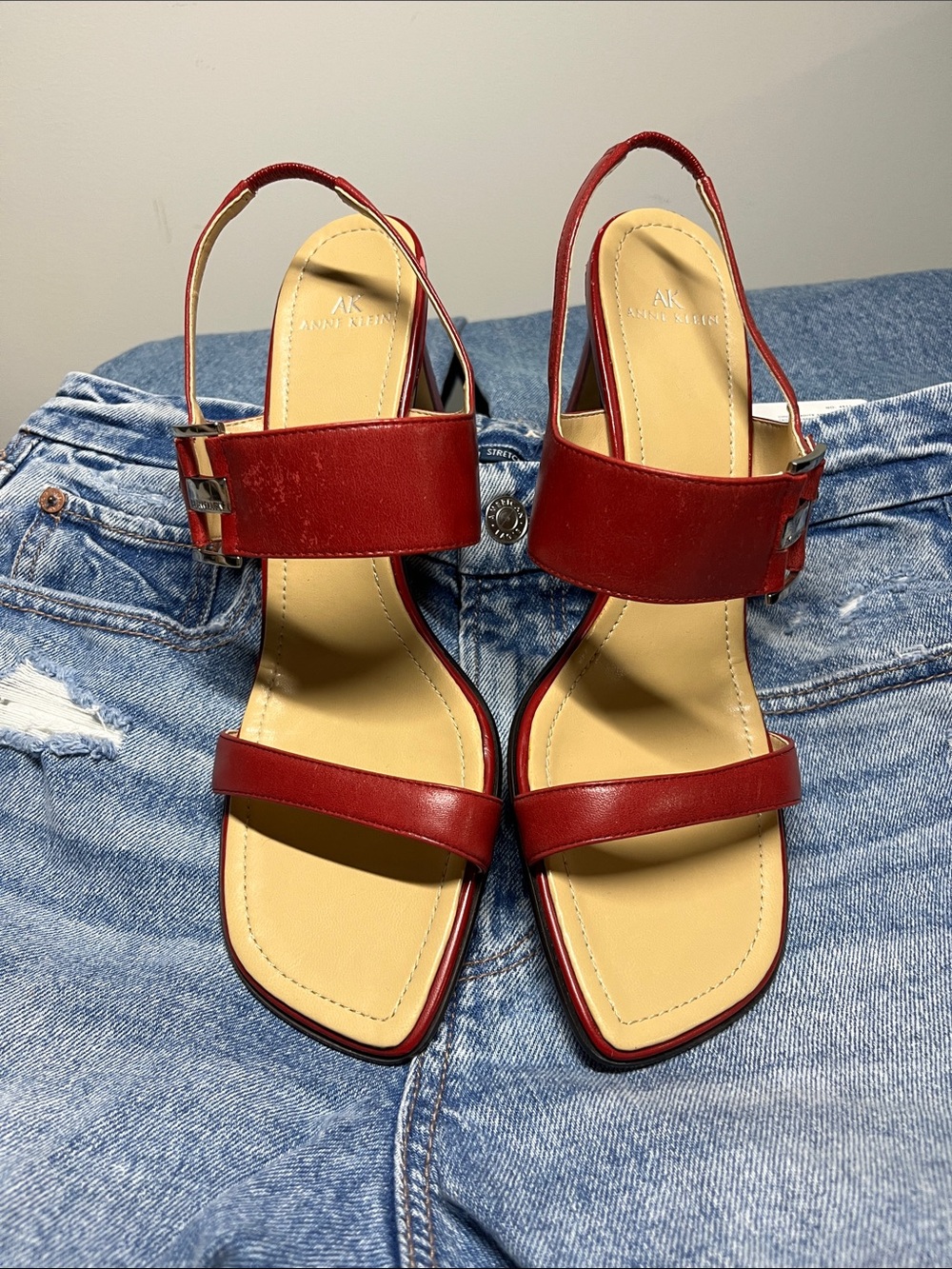 Anne Klein Red Leather Slingback Sandals with Buckle Detail-9M